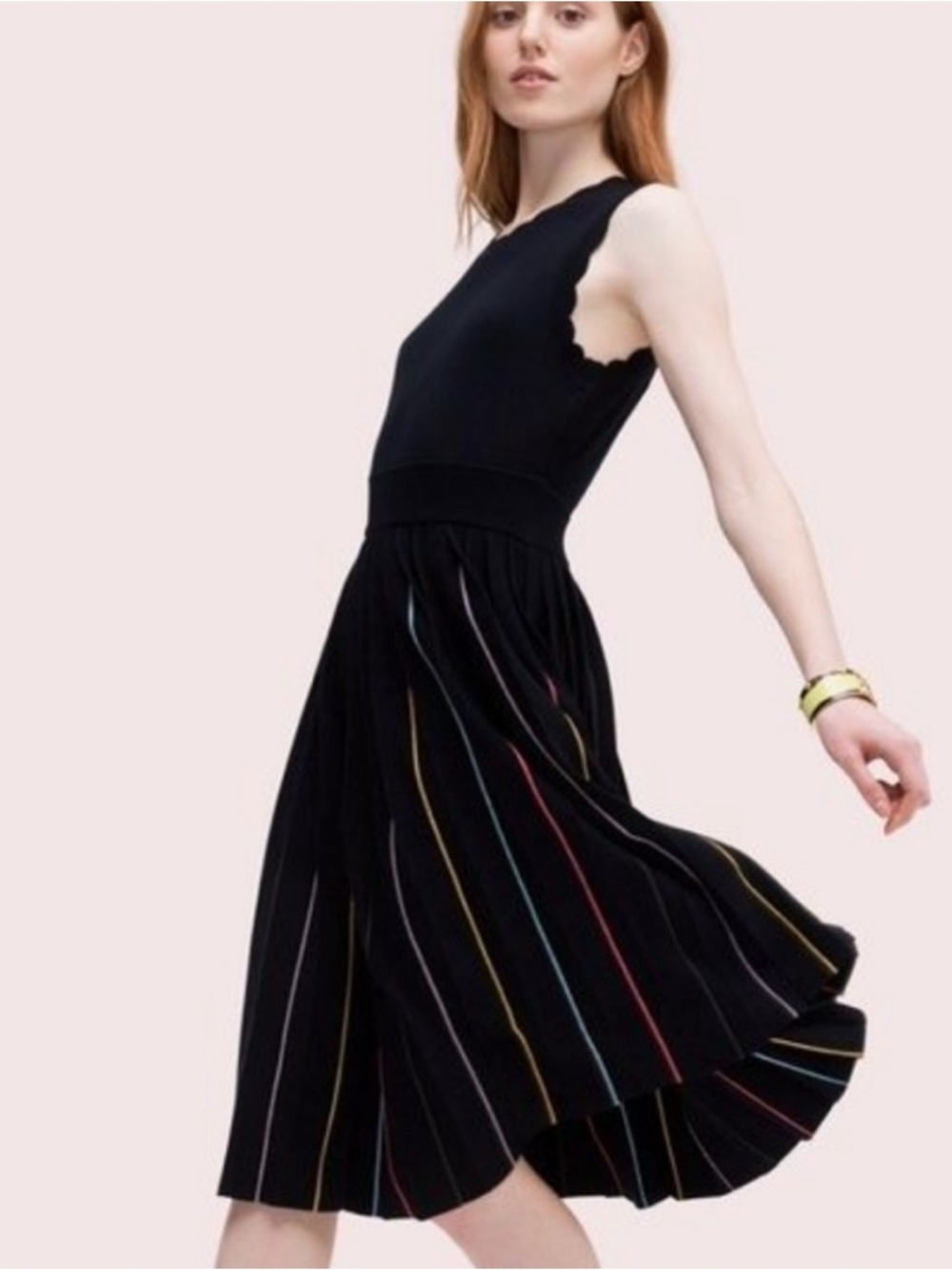 Kate Spade Black Rainbow Pleated Scallop Sleeveless Midi Dress S